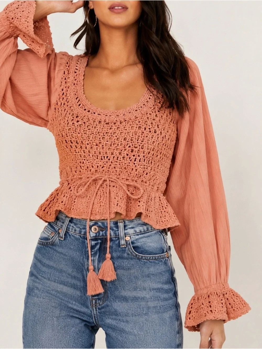 🤍 NWT Free People Small Petite Crochet Open Back Boho Peasant Top Terracotta